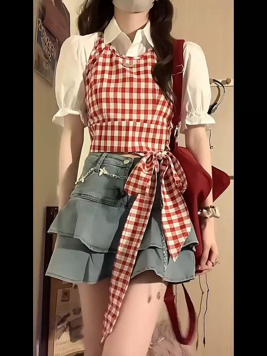 Sweet hot girl red plaid shirt top two-piece suit camisole denim pleated skirt petite summer outfit