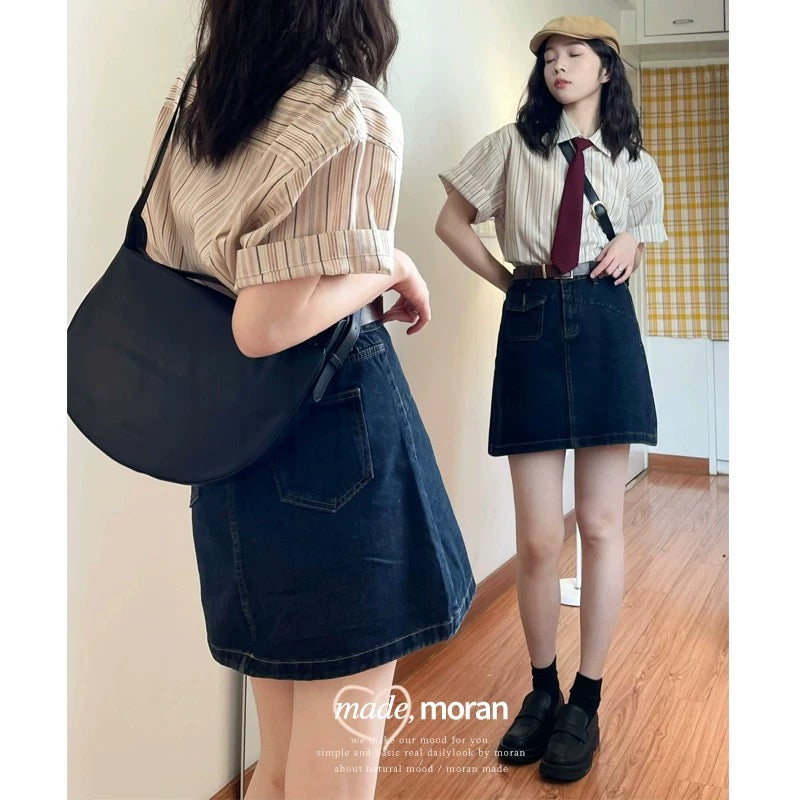 Hong Kong chic retro girl outfit suit loose sweet cool style striped shirt denim skirt two-piece summer set