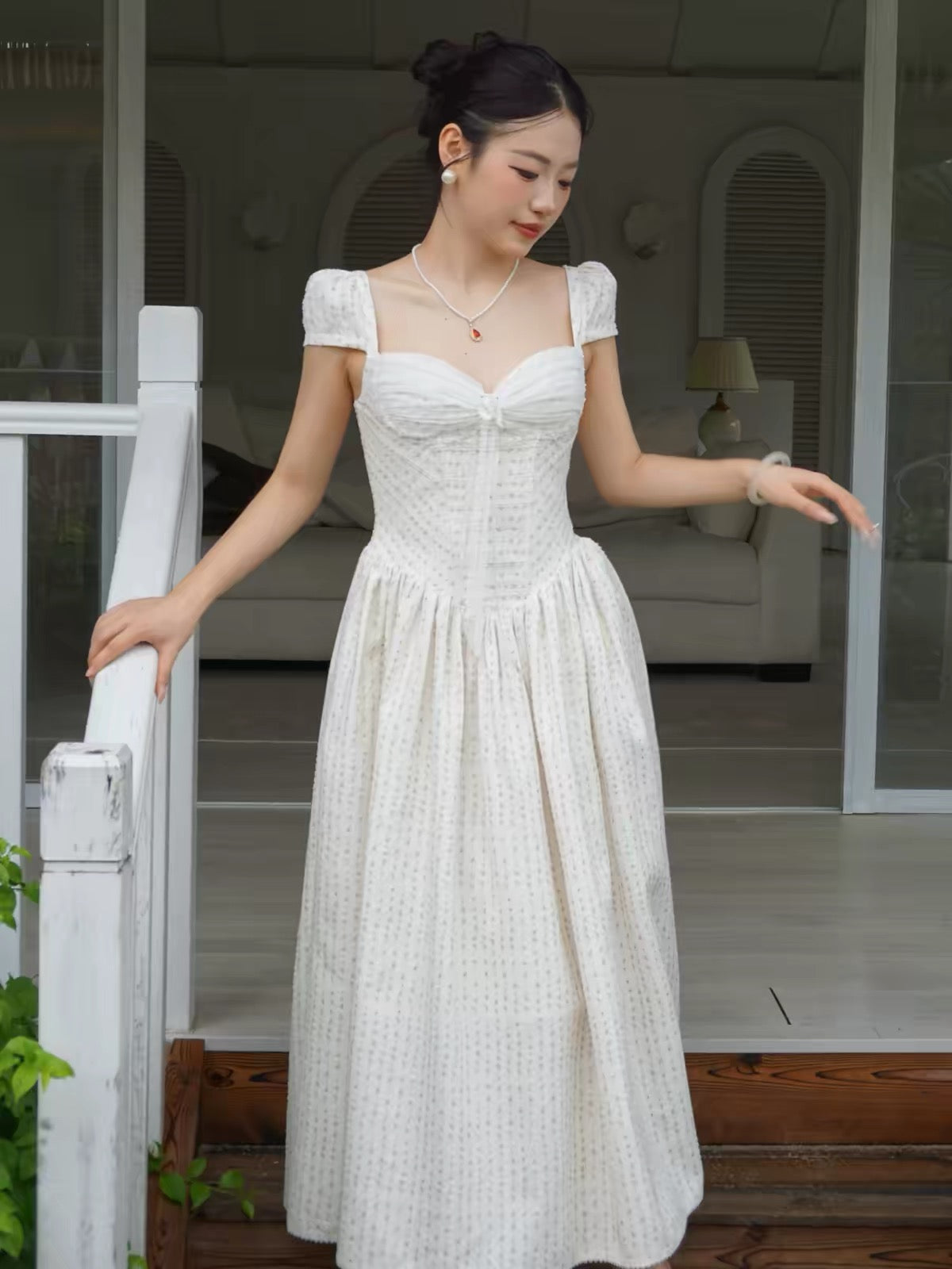 DANA "Old Money" Aesthetic Square-Neck Dress – A Flowy, Mid-Length, Floral-Print Gown with a Gentle, Feminine Vibe; Perfect for Birthdays