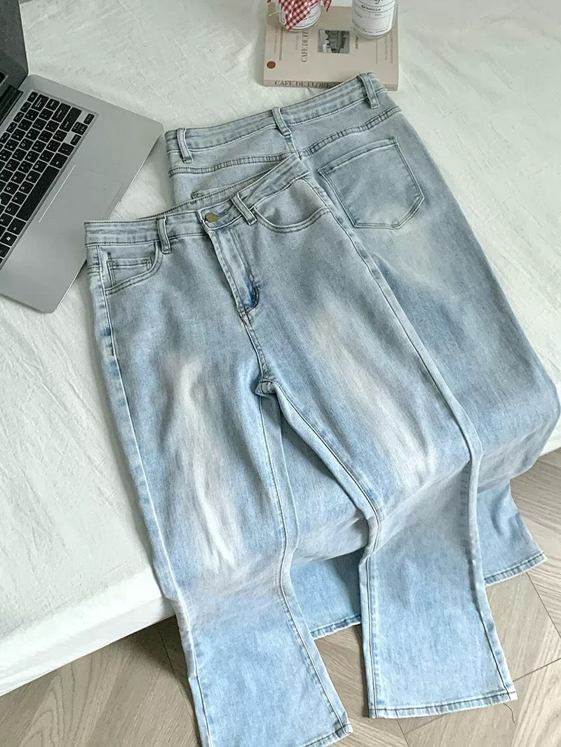 Duolaimei Legs are haunted Super stretch light blue flared jeans slim fit slimming versatile pants