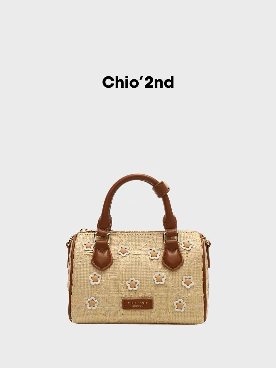 Nanfeng Chio2nd "Floral Holiday" Boston Bag – Women's Straw-Texture Handbag (Shoulder/Crossbody)