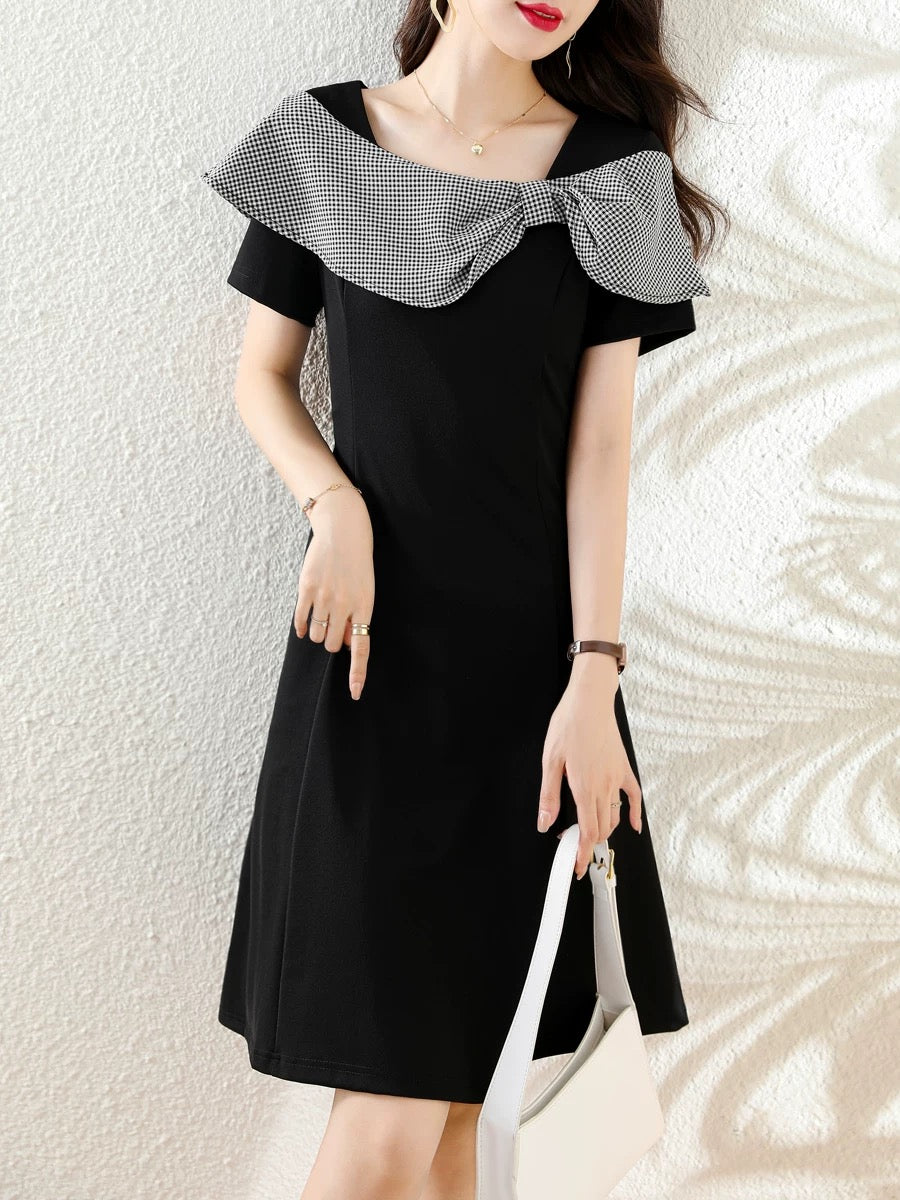 2025 summer new short-sleeved splicing dress slim temperament Western style slim little black skirt European station dress for women