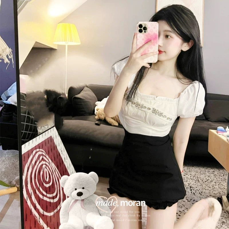 Salt series pure desire girl suit summer one-line collar top sweet hot girl skirt two-piece set small and age-reducing fashion