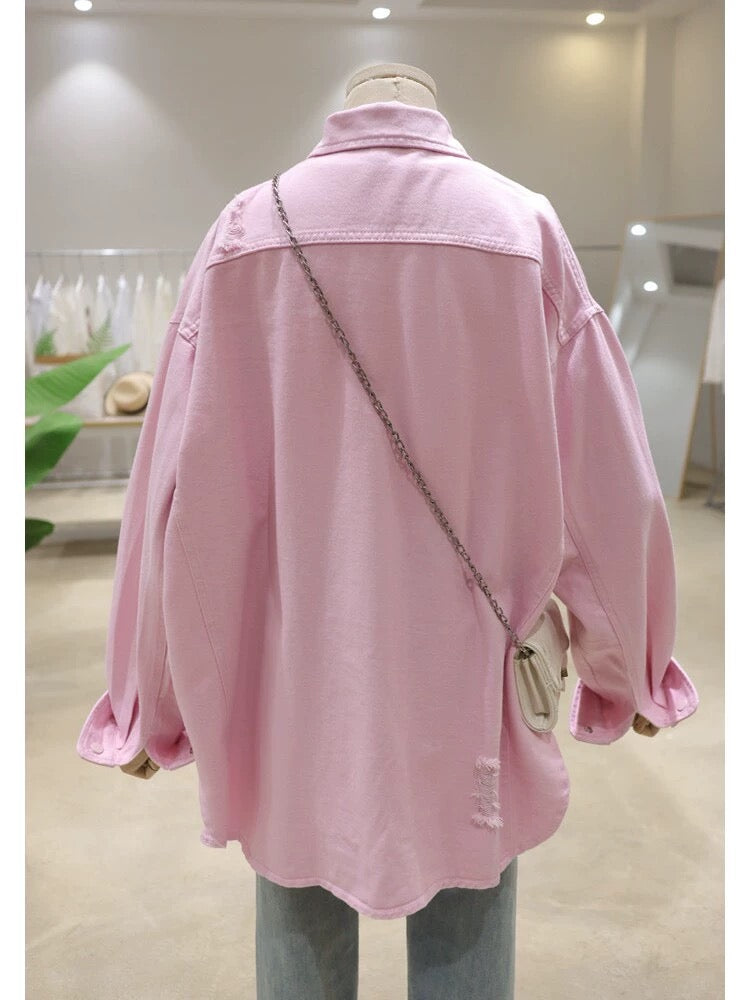 Heavy Industry Bear Graffiti Print 2024 Spring Loose Mid-Length Shattered Washed Cotton Denim Jacket for Women