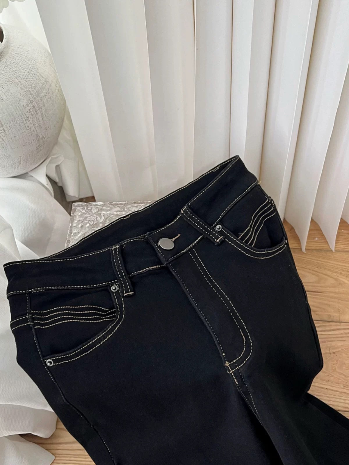 Duolaimei low waist slim pants black tight flared jeans women autumn 2024 new trousers women