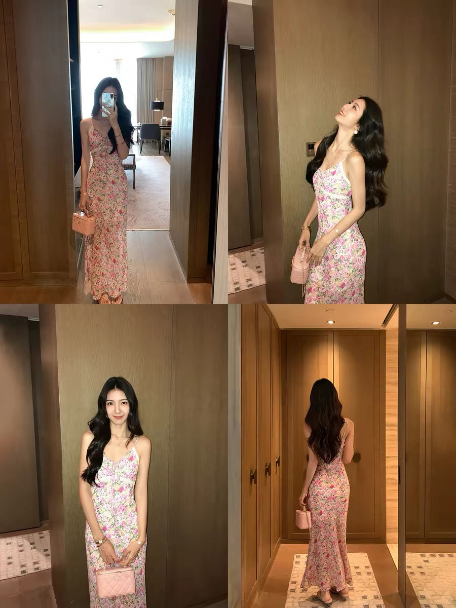 MULVAN Wild Rose Print V-Neck Maxi Dress – Slim-Fit Lace-Paneled Camisole Style with Vacation-Ready Floral Pattern