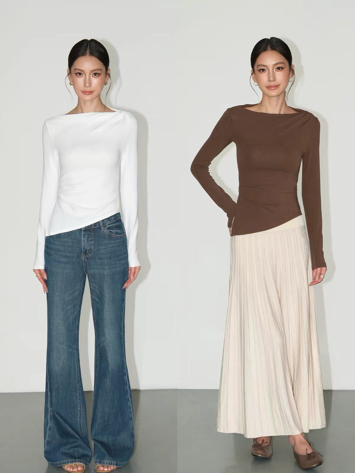 NEVA HU Women’s Asymmetric Long-Sleeve Knit Top – A Sophisticated, Slim-Fit, Waist-Defining Piece with a Stylish, Elevated Aesthetic