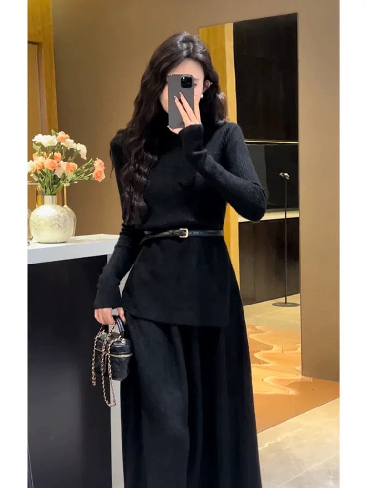A stylish 2025 new winter outfit: a sophisticated two-piece set featuring a knitted top and a long skirt.