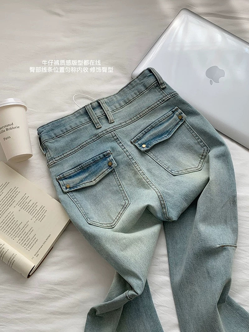 Duolaimei blue rivet distressed jeans for women spring hot girl slim mid-high waist heavy duty floor-length flared pants