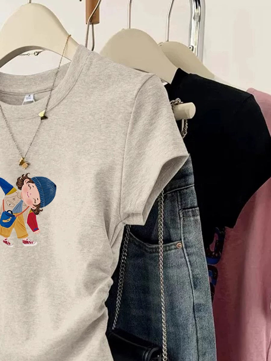 Gray right shoulder girls short-sleeved T-shirt for women summer 2024 new popular design niche short slim top