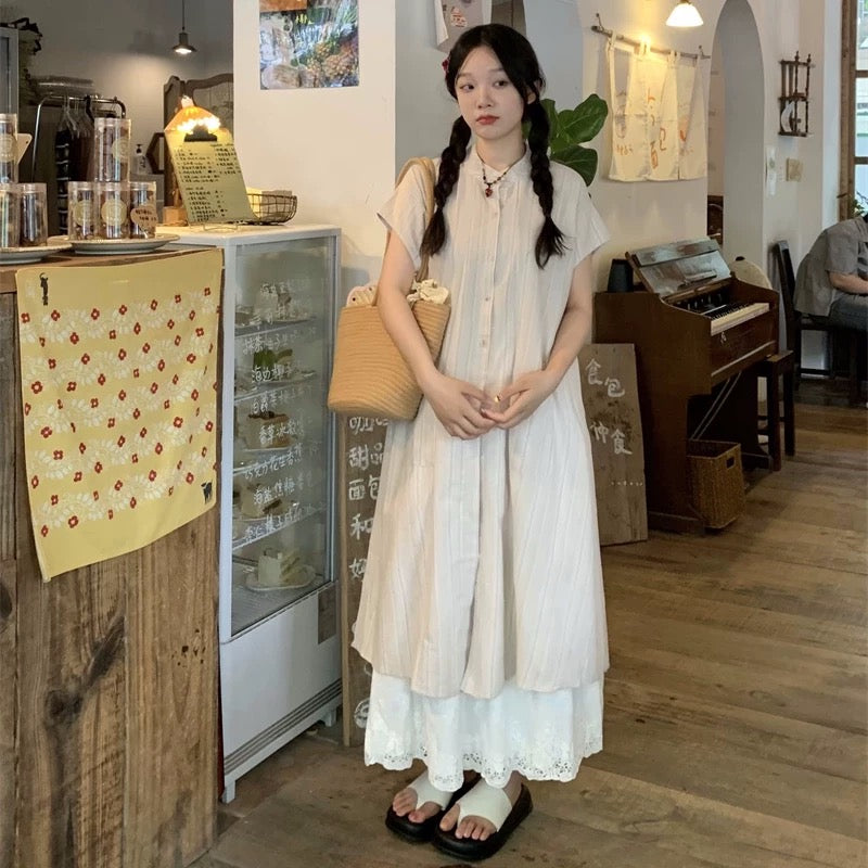 Slightly fat mm plus size women's Japanese layered two-piece blue striped shirt dress summer lace skirt