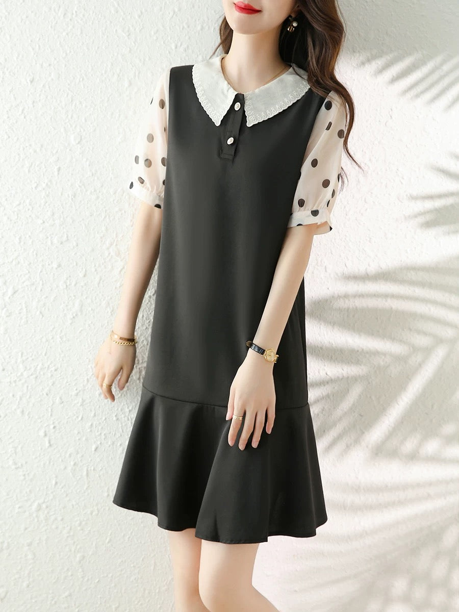 European station 2025 summer new style doll collar A-line skirt puff sleeve polka dot stitching black dress for women