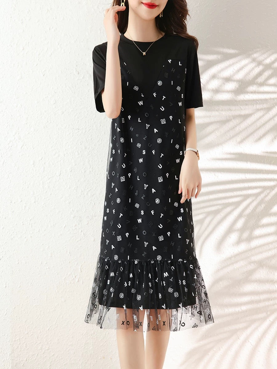 2025 summer new loose slim temperament mesh A-line skirt mesh fake two-piece black floral dress for women