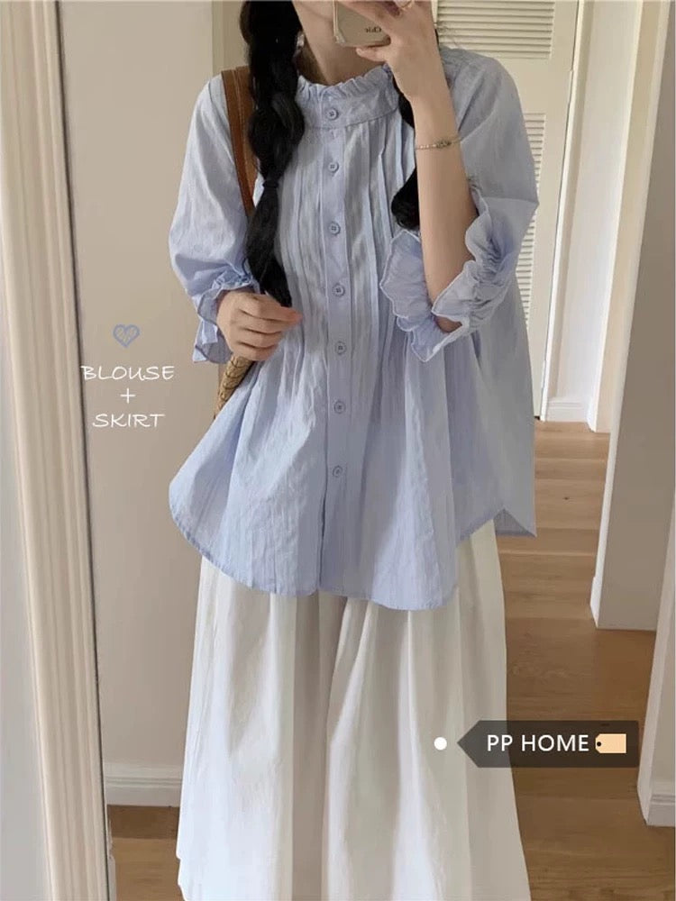 PPHOME Sweetheart Milk Bag ~ Gentle style fried street milk suit puff sleeves loose temperament shirt half skirt