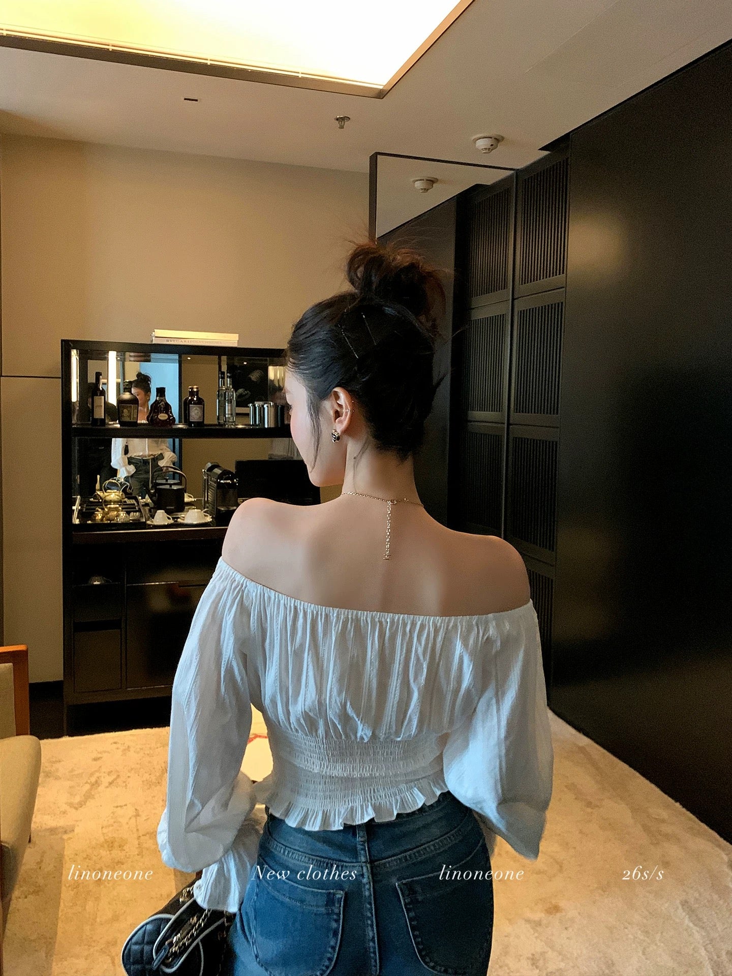 LINONEONE Parisian Afternoon: French Romantic Off-Shoulder Lace Textured White Shirt (100% Cotton)
