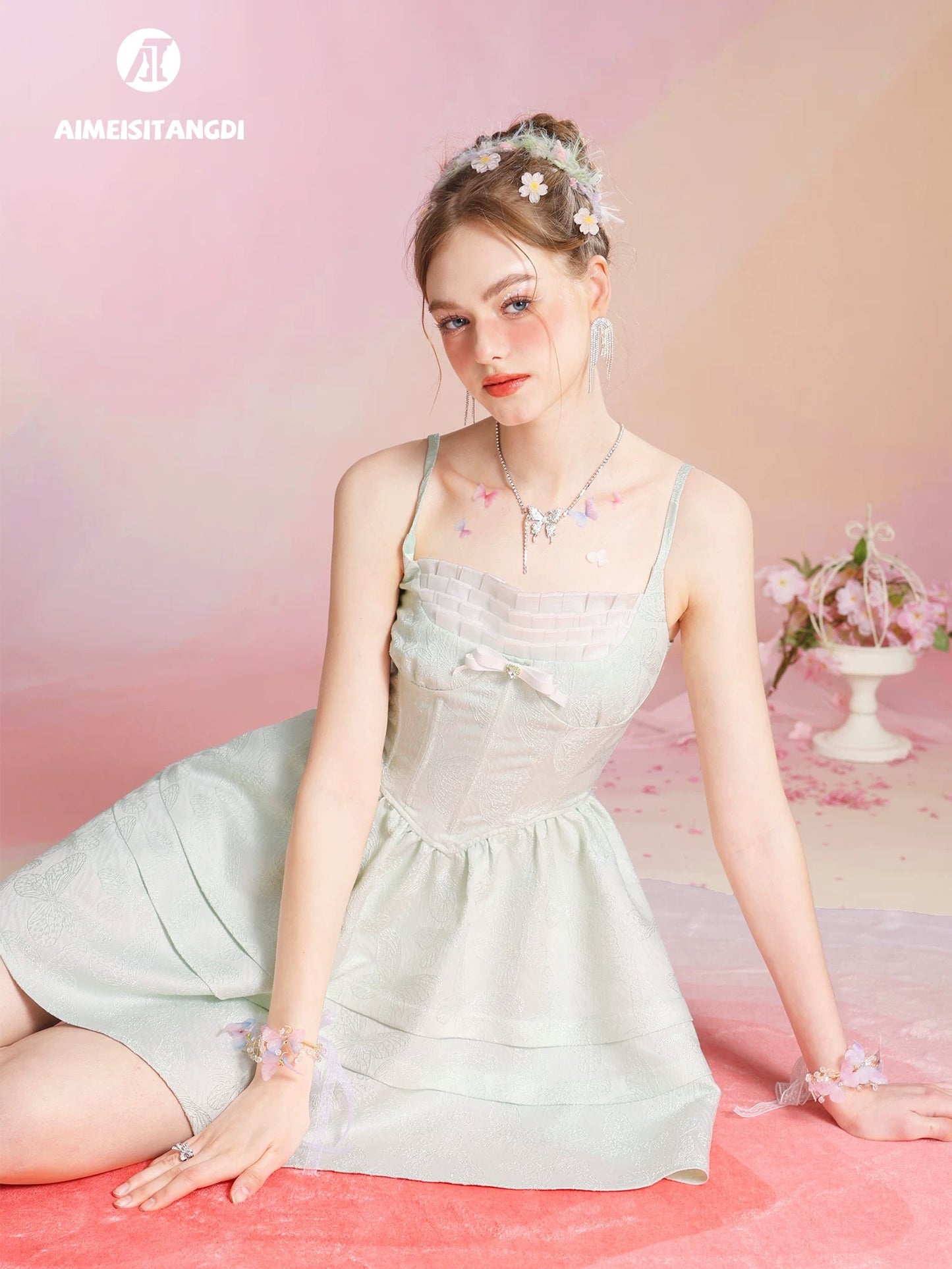 Summer lace one-shoulder suspender dress for women butterfly pattern jacquard slim fit French A-line skirt