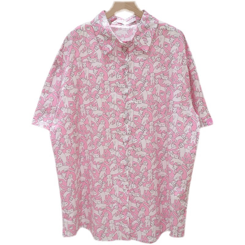 Summer comfortable full body cat print 2024 versatile loose slimming mid-length breathable cotton short-sleeved shirt for women