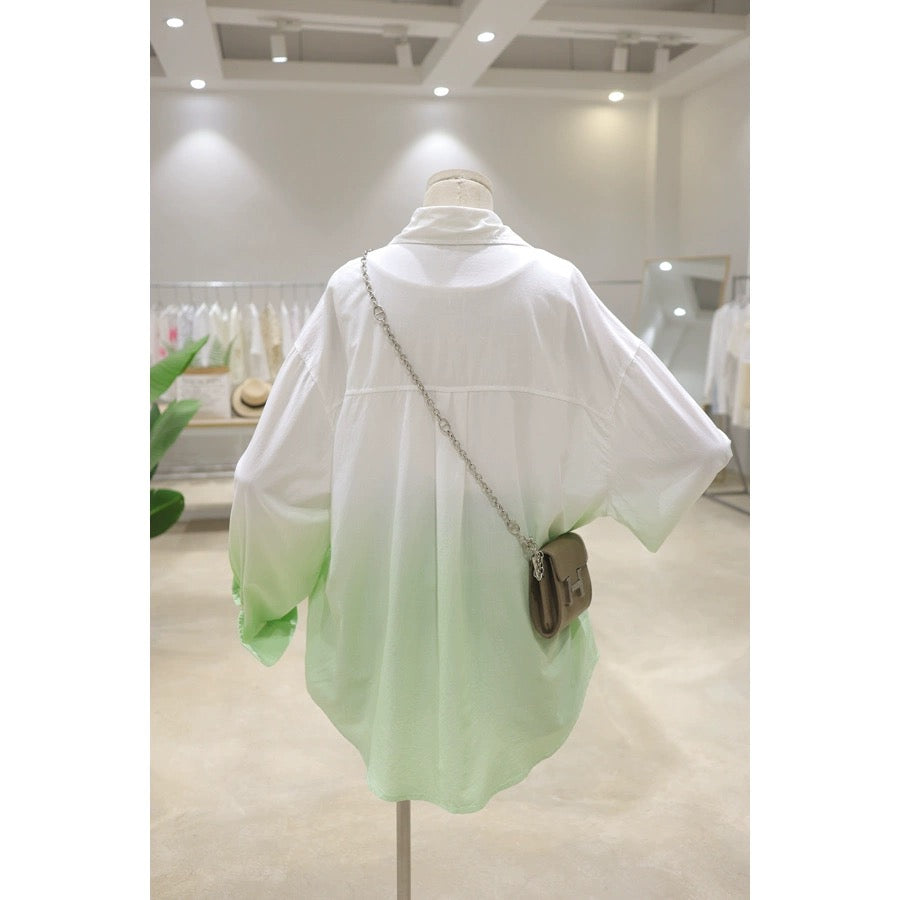 Light and drapey fresh gradient color 2024 summer slightly see-through loose slimming mid-length long-sleeved thin sunscreen shirt for women