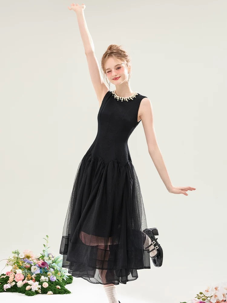 High waist sleeveless Hepburn style mesh dress for women summer French banquet high-grade splicing design A-line long skirt