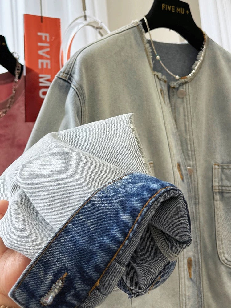 2025 new retro old loose bf lazy style casual round neck denim jacket female spring and autumn high-end jacket