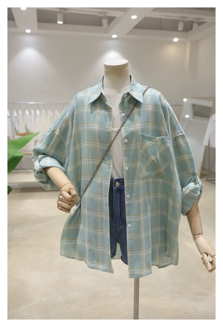 Rollable sleeves thin breathable 2024 spring and summer new loose and slim cotton plaid long-sleeved shirt women's sun protection shirt
