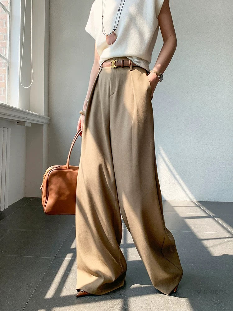 Dimple customized khaki high-waisted straight wide-leg pants for women 2024 early autumn new casual pants floor-length pants