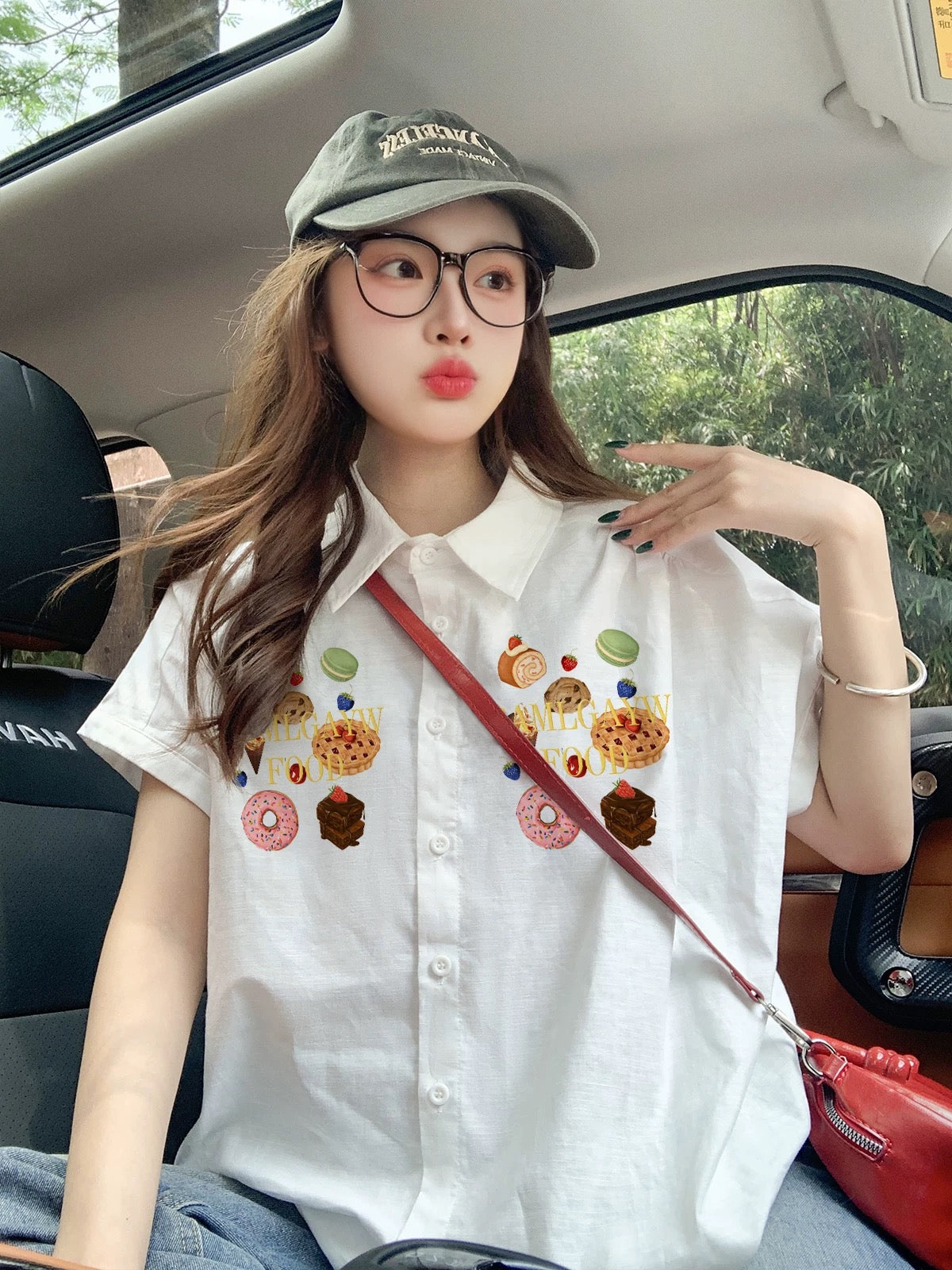 2025 New Style White Short-Sleeve Shirt for Women, Summer Loose Fit, Relaxed Style, Retro Minimalist Cartoon Top/Shirt