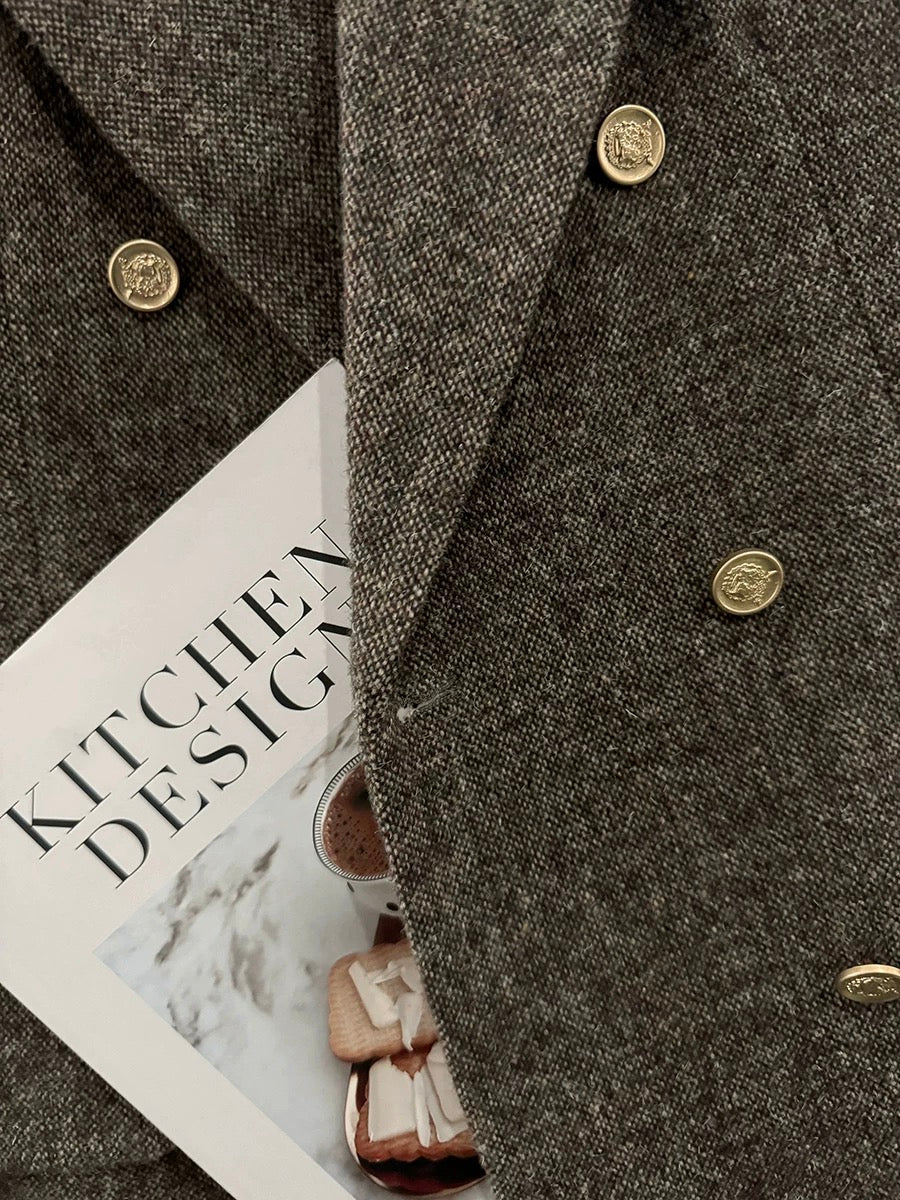 Brown retro down-lined woolen suit jacket for women, 2025 new winter style, old-fashioned thickened casual suit.