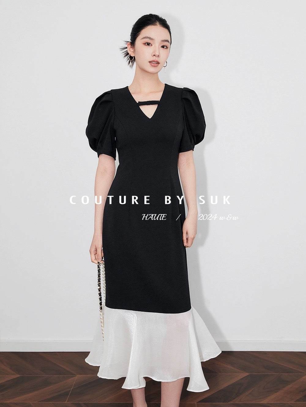 SUK Night Sonata! French V-neck small bow tie waist fishtail splicing gauze skirt puff sleeve dress
