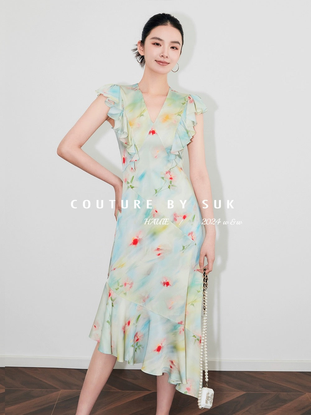 SUK The clear water is shining! Silk mulberry silk smudged ruffled small flying sleeve dress for women to slim down
