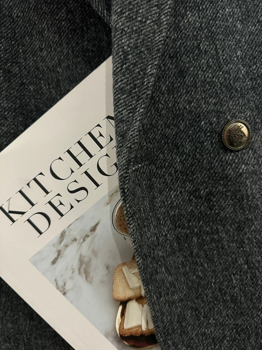 Dark gray retro high-end woolen suit jacket for women, new autumn and winter 2025 style, British fashion formal suit.