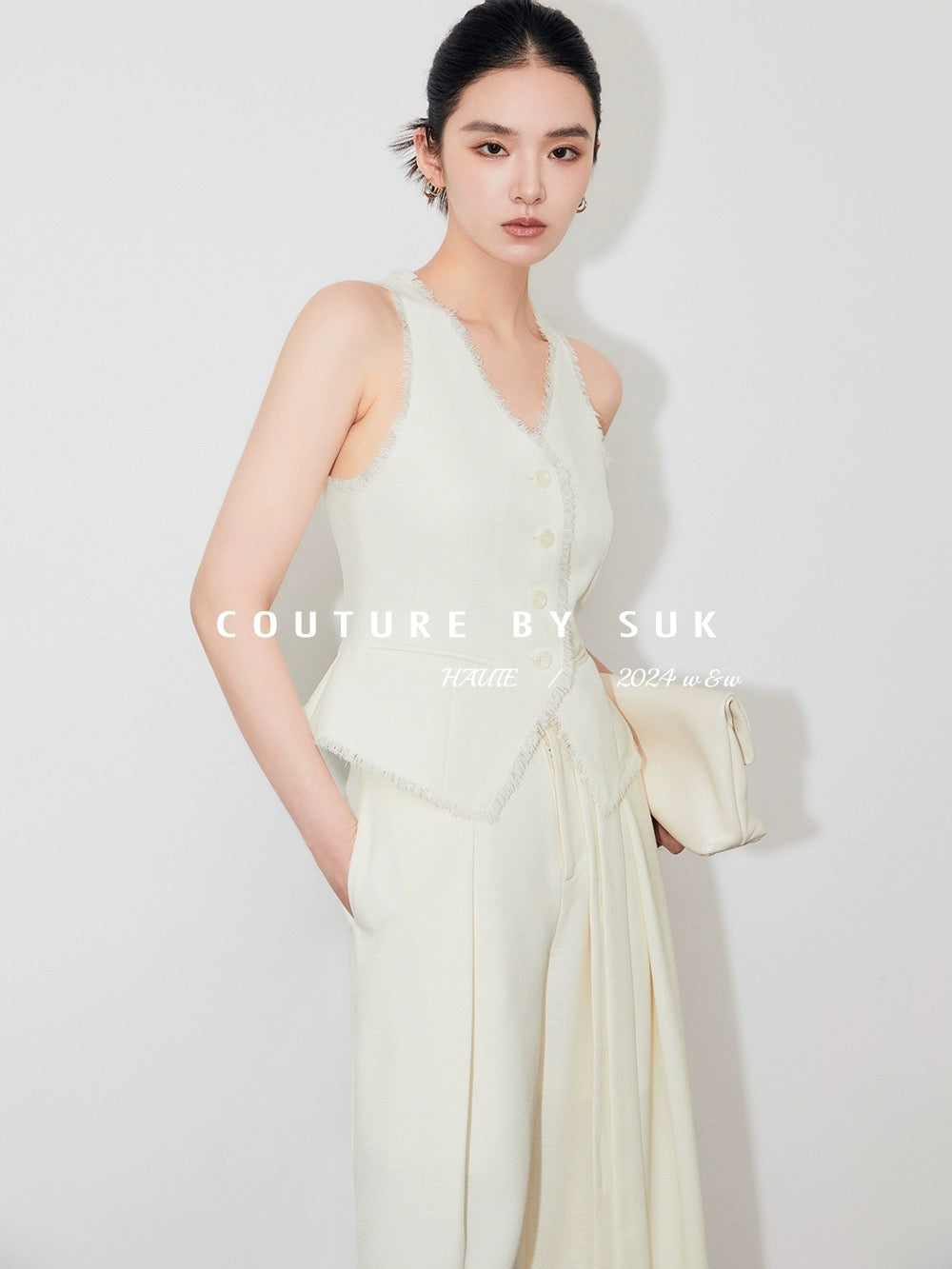 SUK light luxury texture! Xiaoxiangfeng handmade fringed V-neck vest + belt design wide-leg pants suit for women