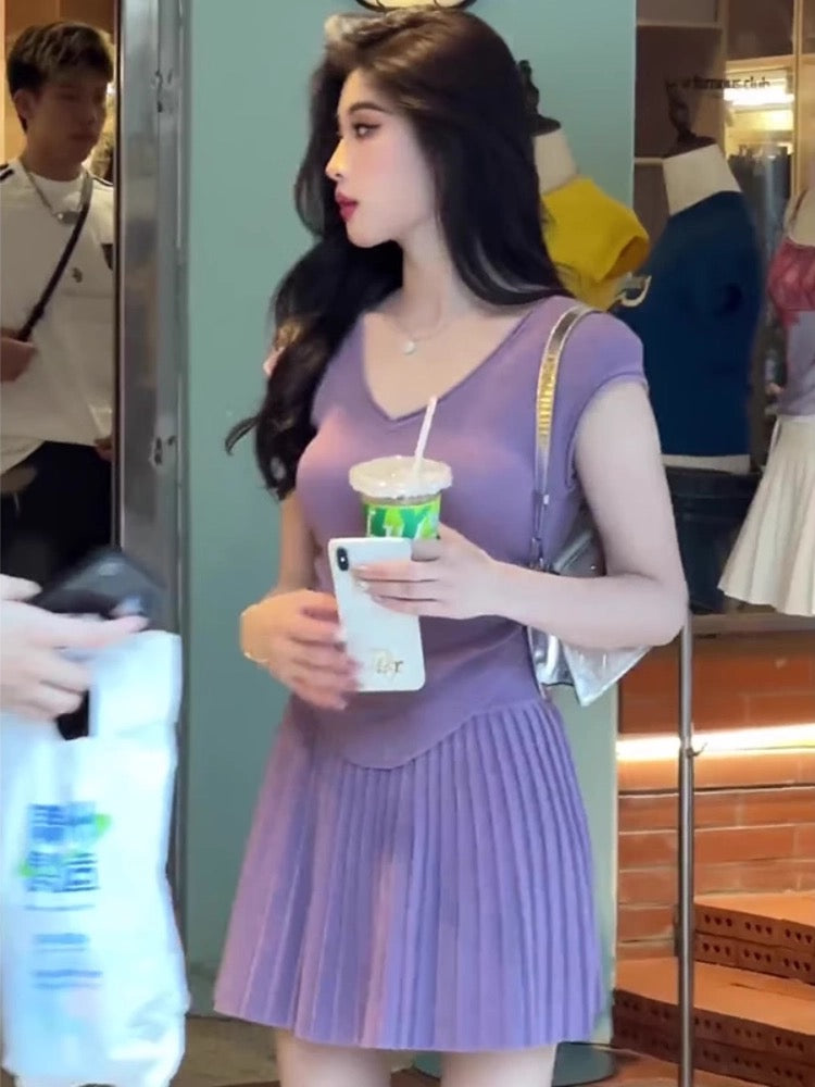 This year's popular beautiful suit skirt summer wear with a complete set of Korean style royal sister temperament goddess style purple two-piece suit