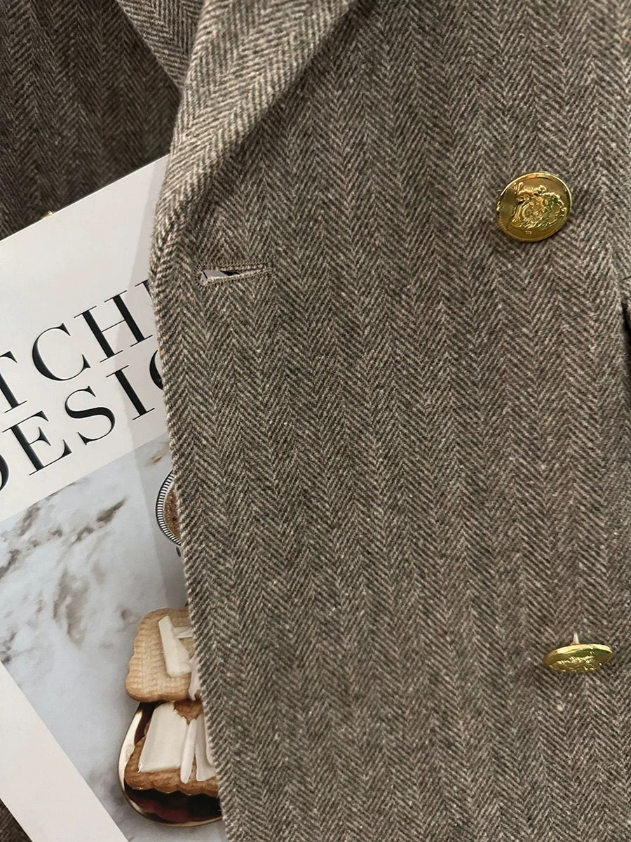 Brown herringbone wool blazer for women, a new autumn/winter style, fashionable and casual, perfect for the street.