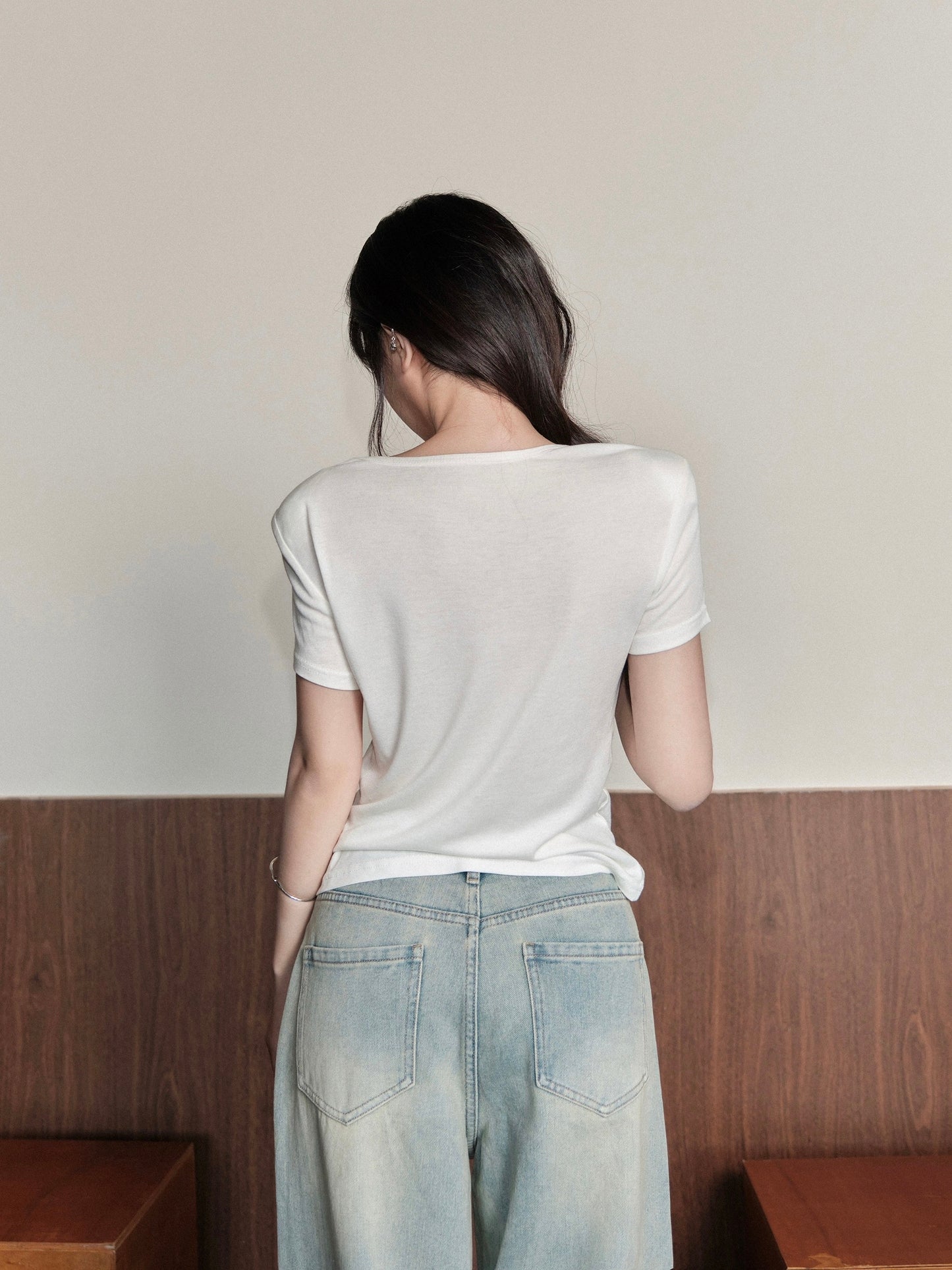 avenement/v-neck Tencel wool short-sleeved T-shirt women's summer solid color slightly see-through loose slimming short all-match top