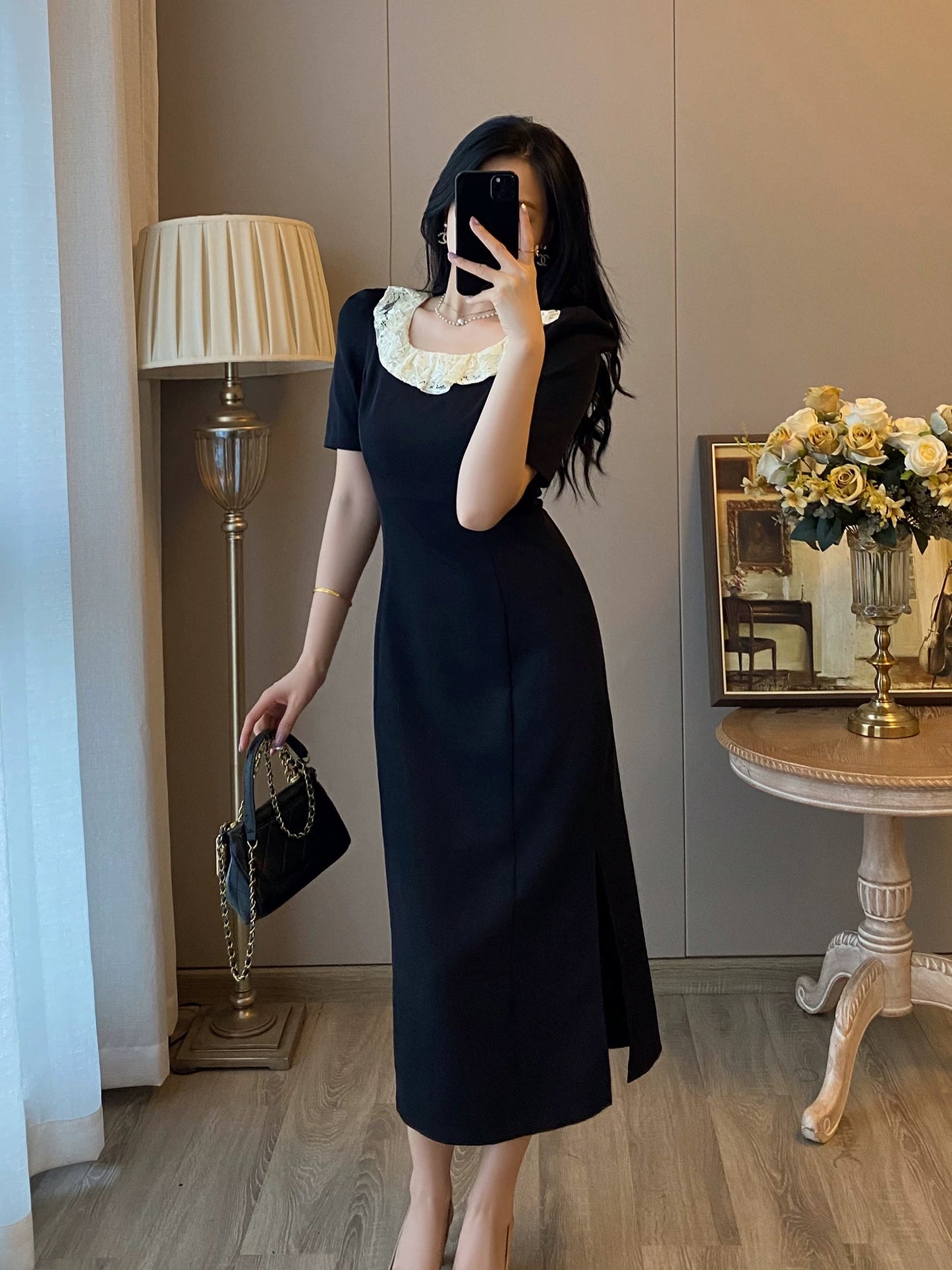 Hepburn style black dress for women 2024 summer new French retro temperament slim and slim little black dress