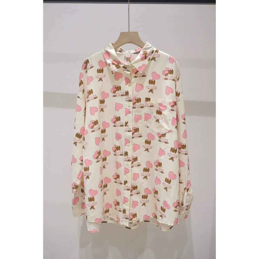 Fresh full-body cartoon love ballet bear 2024 spring loose slimming mid-length cotton long-sleeved shirt for women