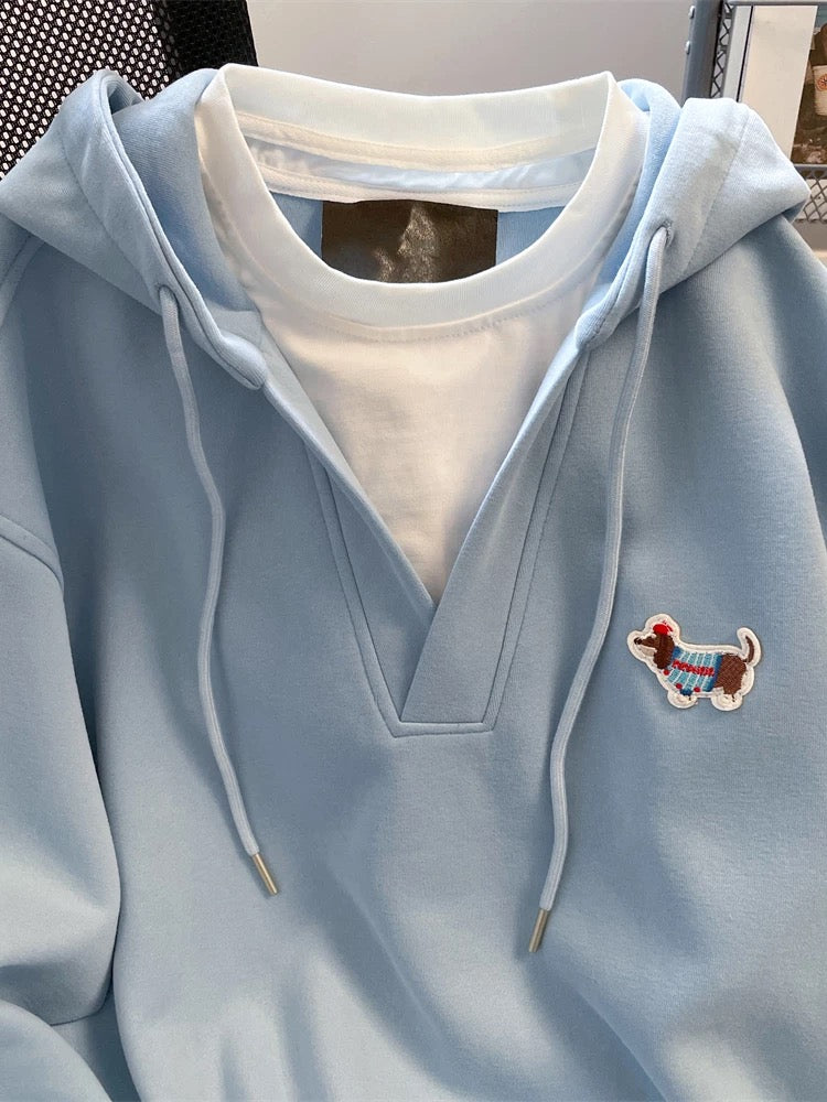 Korean style autumn/winter embroidered puppy hooded fleece sweatshirt for women, super cute design, faux two-piece V-neck top