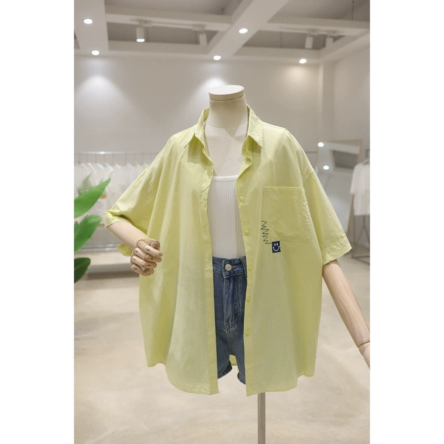 Fresh and Breathable Pocket Little Smiley Face 2024 Summer Versatile Loose Slim Medium Long Cotton Short Sleeve Thin Shirt for Women