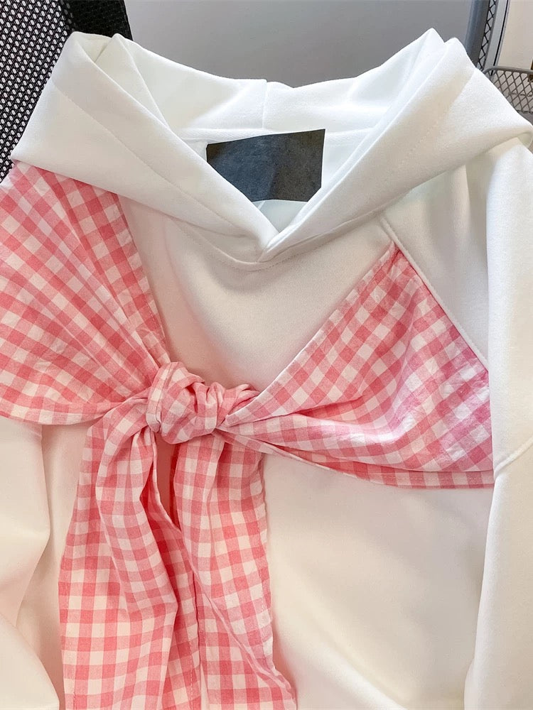 This 2025 trendy hooded sweatshirt with a bow and plaid shawl is super cute and unique, a new autumn style top for women.