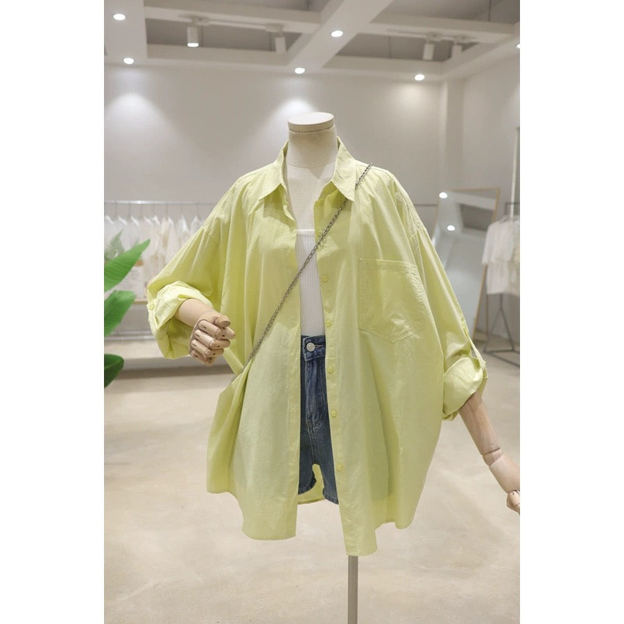 Rollable sleeves, breathable, fresh color, 2024 summer loose, slim, mid-length cotton sunscreen thin long-sleeved shirt for women