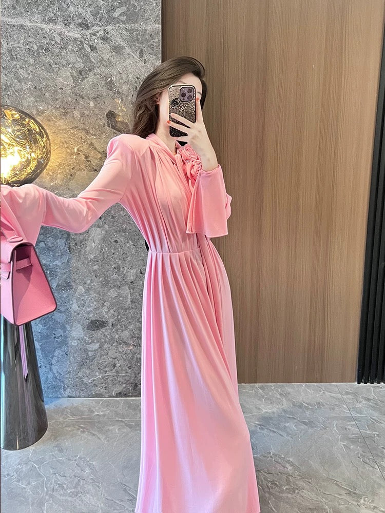 BETTER LS High-end temperament French pink dress, super fairy three-dimensional flower trumpet long-sleeved long skirt