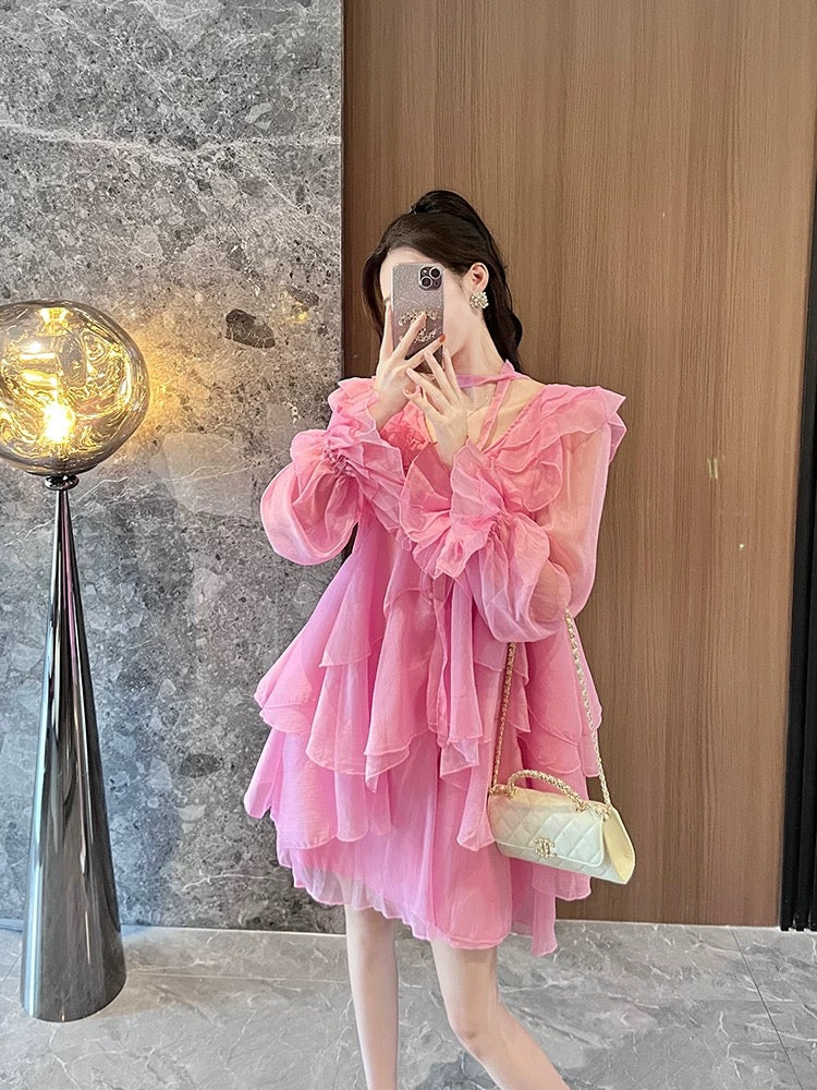 BETTER LS summer new style resort style ruffled chiffon dress female super fairy temperament pink fairy skirt
