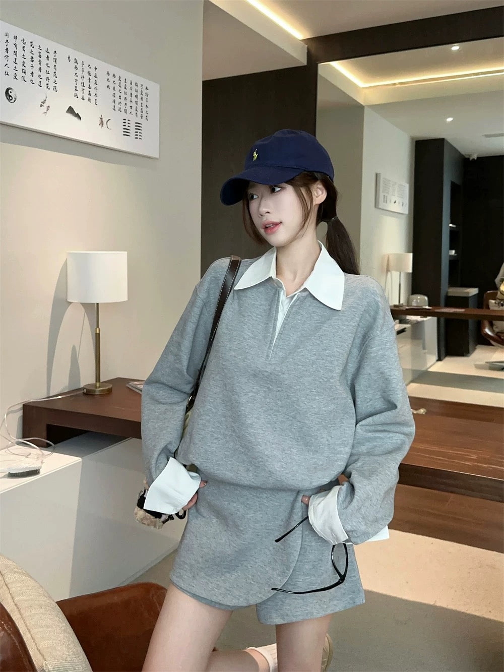 PPHOME college style contrasting lapel loose sweatshirt women's autumn high-waisted irregular skirt fashion suit
