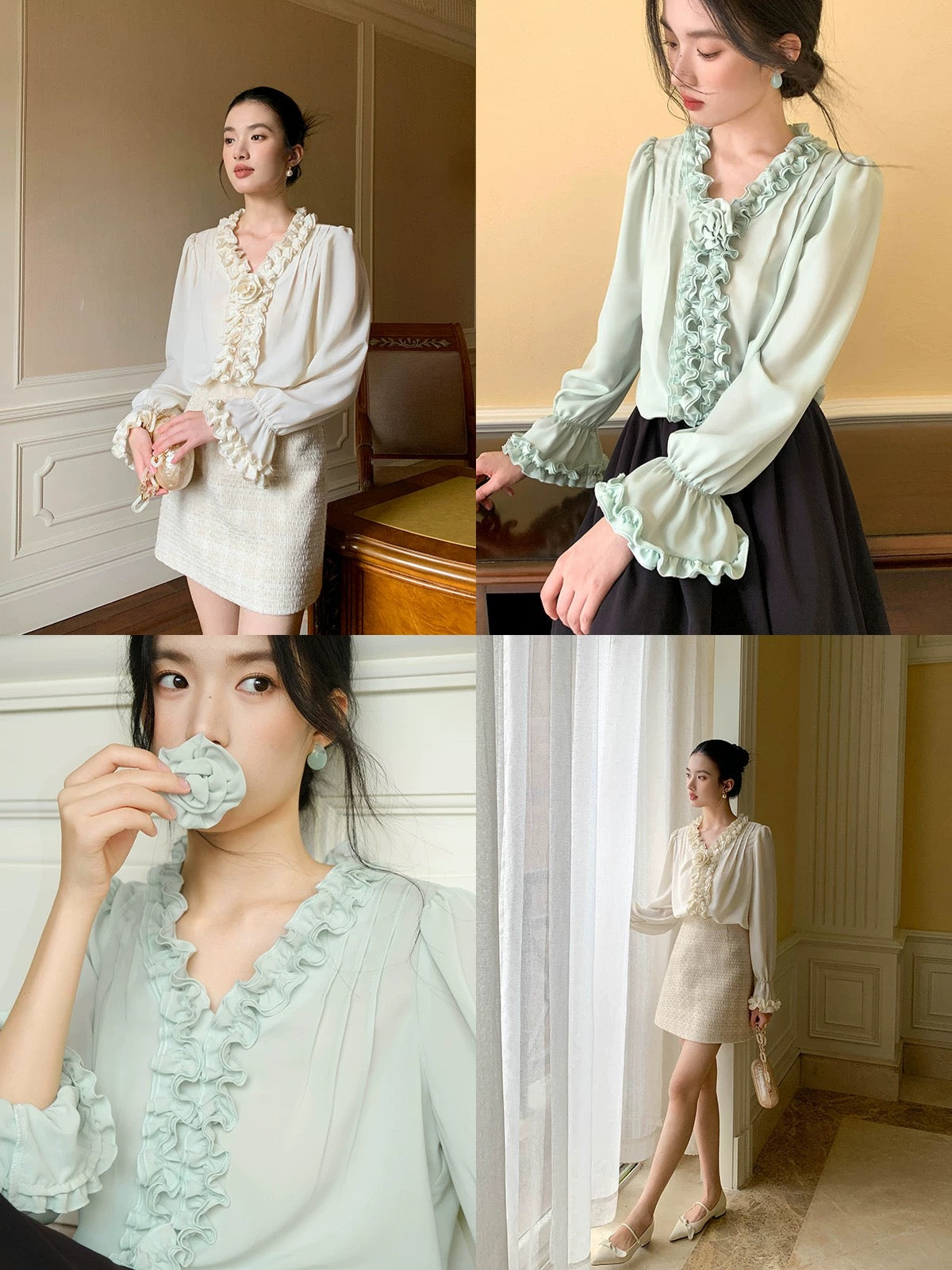 XXNING French heavy-duty fungus lace rose shirt women's design niche loose drape long-sleeved top