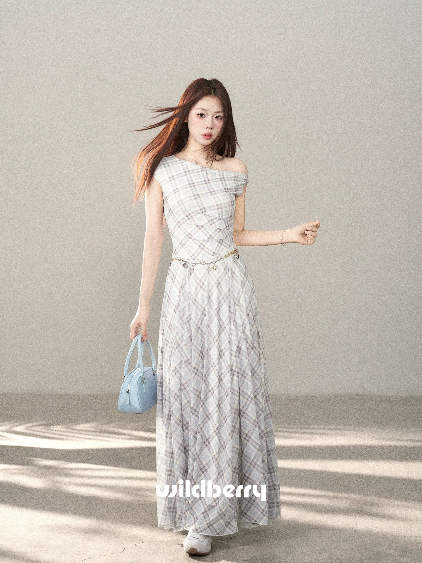 A beautiful long dress with a blue plaid pattern and a small wild berry design, perfect for summer 2026. A Korean style fashion statement.