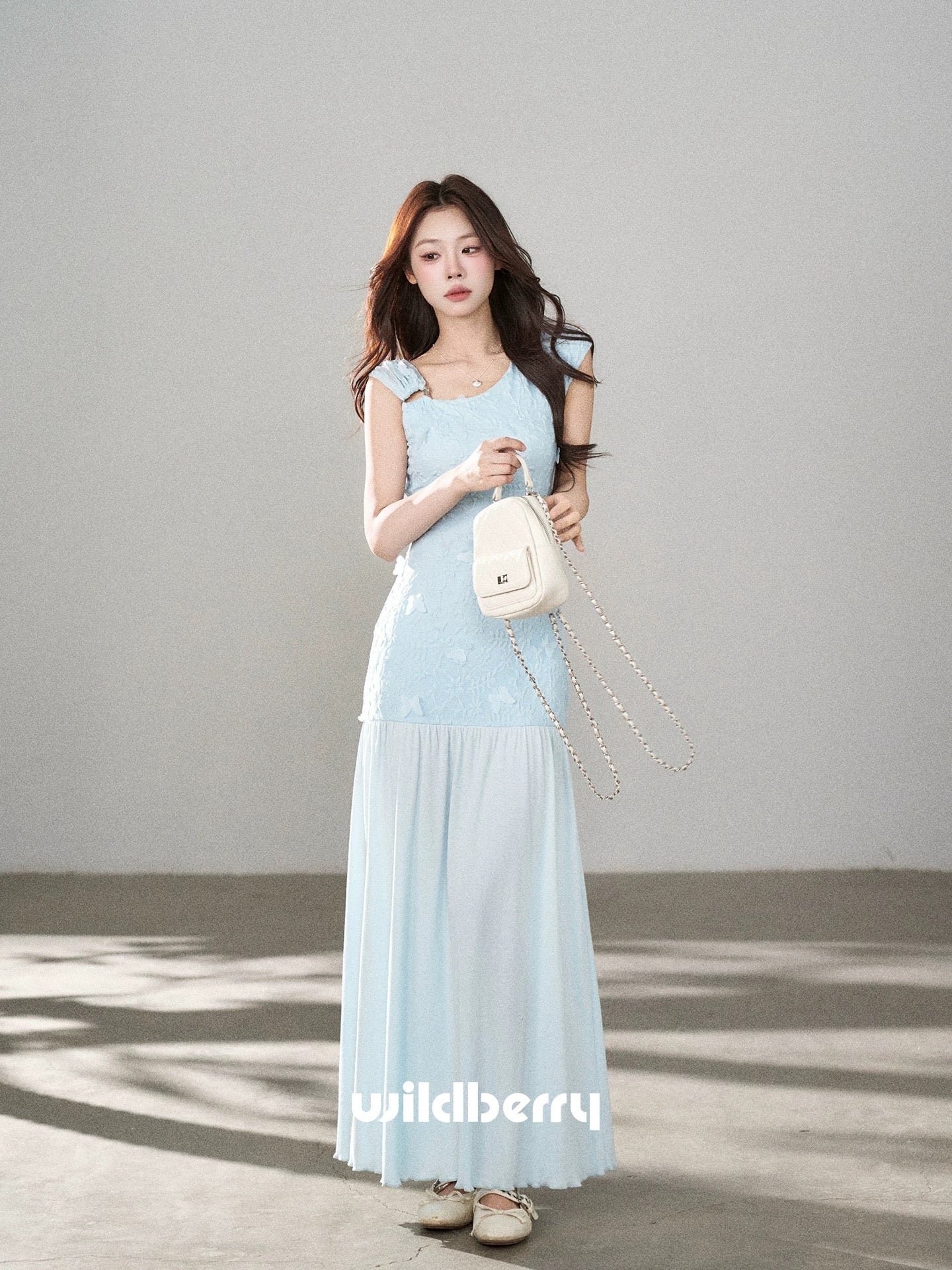 A beautiful blue knitted lace dress with a hint of wild berries, a new summer 2026 style for women, a super pretty fairy-like long dress.