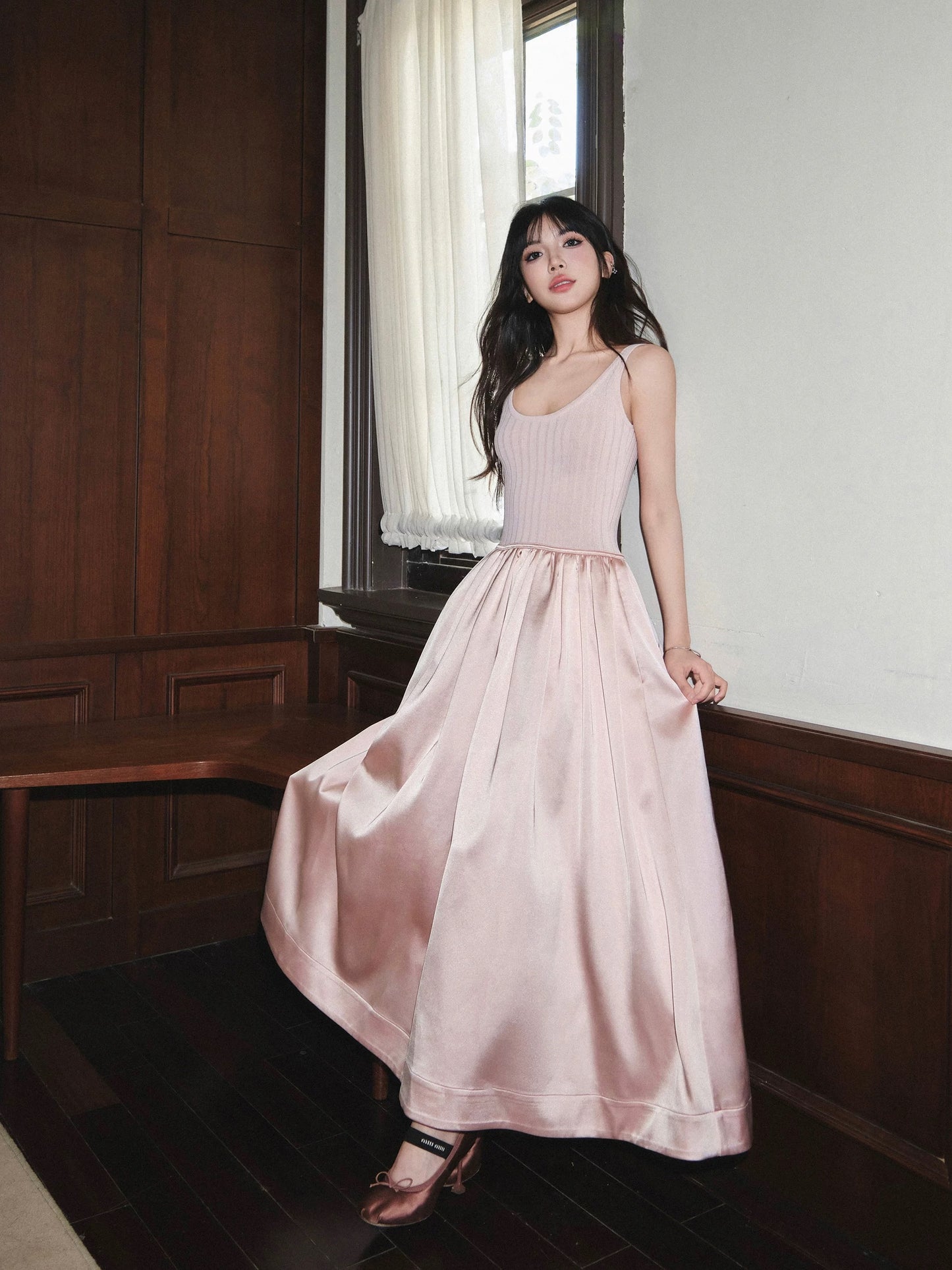 avenement/Ice linen knitted stitching satin suspender skirt women's waist slimming sleeveless dress temperament long skirt