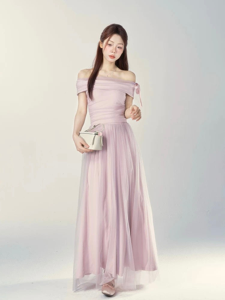A Wild Berry Off-Shoulder Short-Sleeve Dress for Women, Summer 2026 New Style, French Style, Slimming Waist, Elegant Long Dress