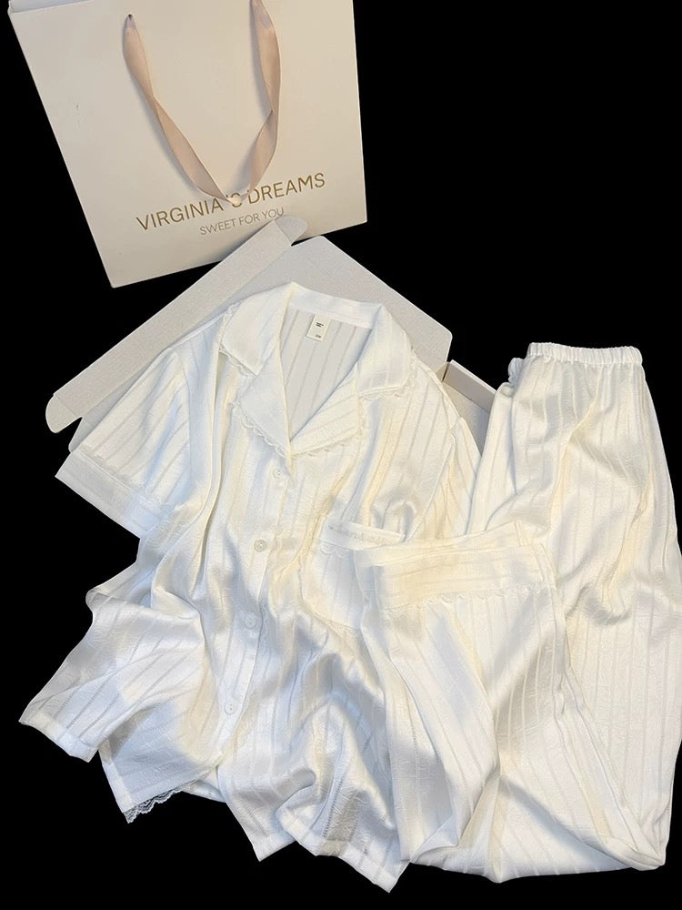 Ice silk pajamas for women in summer, high-grade hollow striped short-sleeved trousers, pure desire style lace edge home clothes suit